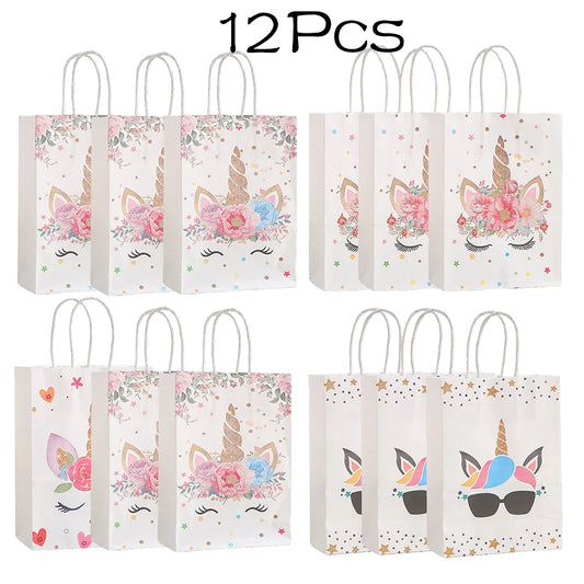 12Pcs Cartoon Unicorn Theme Paper Gift Packaging Bag with Handle Shopping Tote Bag  for Kids Birthday Baby Shower Party Decor