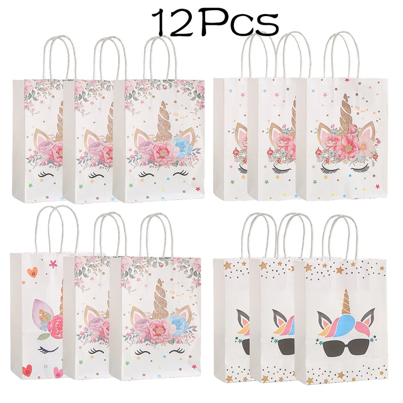 12Pcs Cartoon Unicorn Theme Paper Gift Packaging Bag with Handle Shopping Tote Bag  for Kids Birthday Baby Shower Party Decor