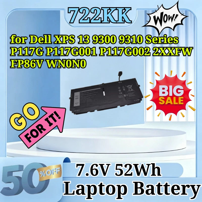 722KK 7.6V 52Wh Replacement Laptop Battery for Dell XPS 13 9300 9310 Series P117G P117G001 P117G002 2XXFW FP86V WN0N0 Laptop