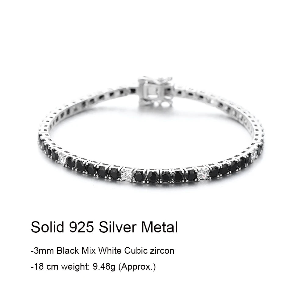 Real Fine Jewelry 3MM of 5 pcs Black Mix 1 pc White Cubic Zircon 16/17/18 CM Chain Tennis Bracelet Silver 925