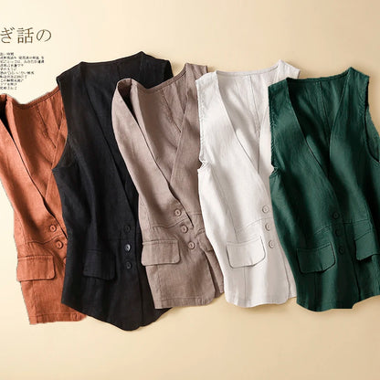 TingYiLi Cotton Linen Sleeveless Jacket For Women Summer V-neck White Khaki Green Black Vest Korean Style Waistcoat Cardigan