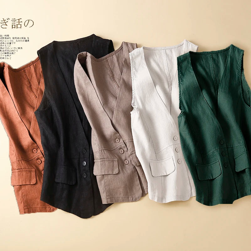 TingYiLi Cotton Linen Sleeveless Jacket For Women Summer V-neck White Khaki Green Black Vest Korean Style Waistcoat Cardigan
