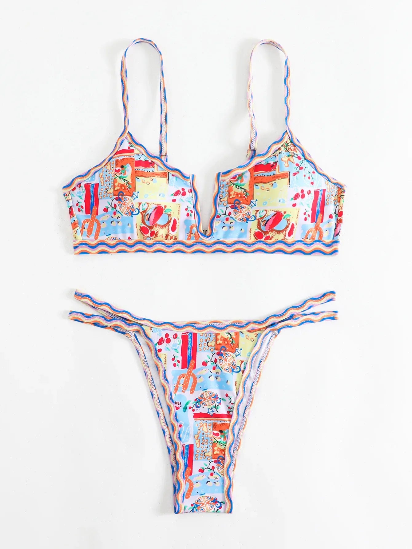 Sexy Micro Bikini Women Two Piece Set Ethnic Style Print V Neck Push Up Swimsuit 2025 New Beach Bathing Suit Thong Swimwear