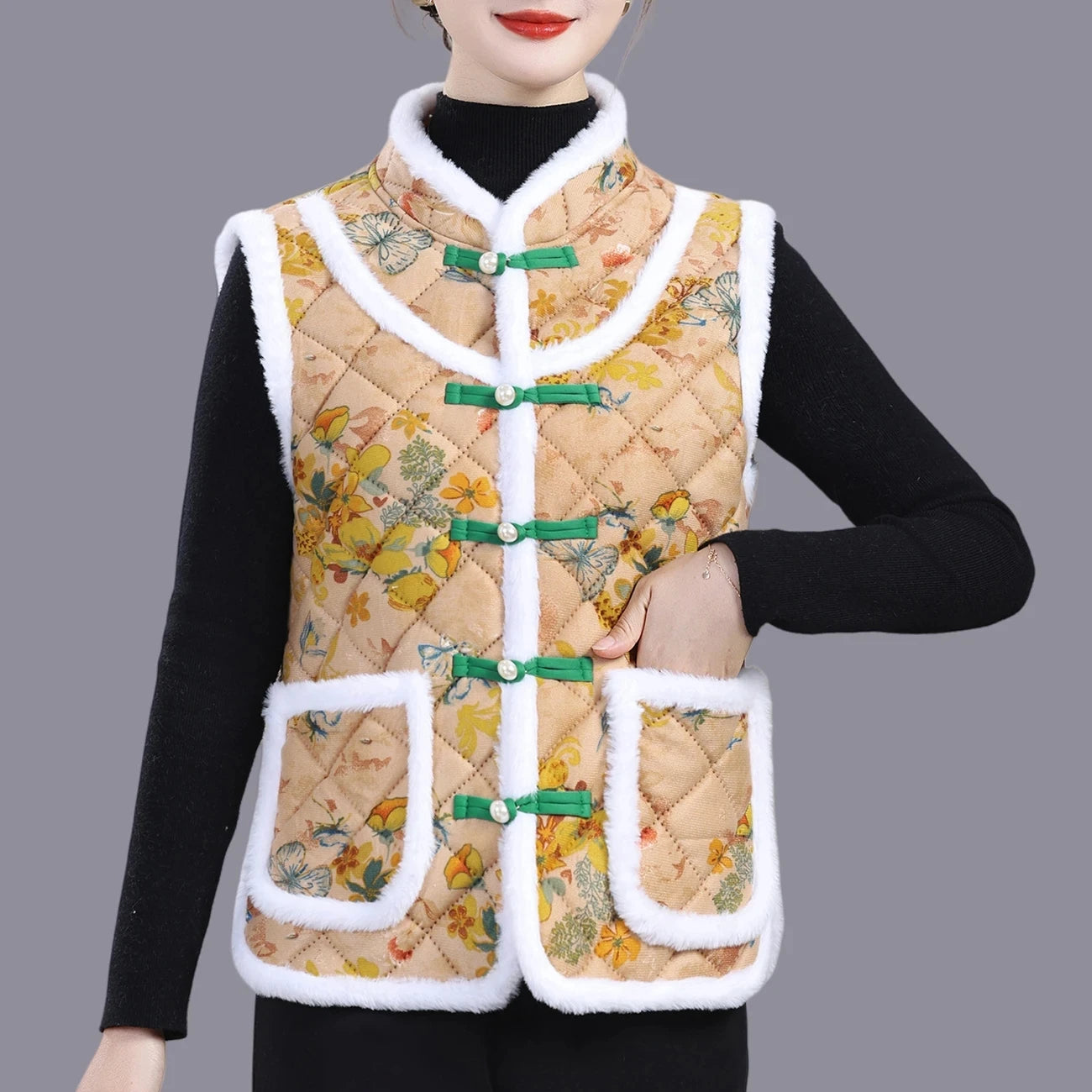 5XL Middle-aged Mother Vest Autumn Winter New Printed Fleece Vest Coat Female Sleeveless Jacket Grandma Thicken Warm Waistcoat