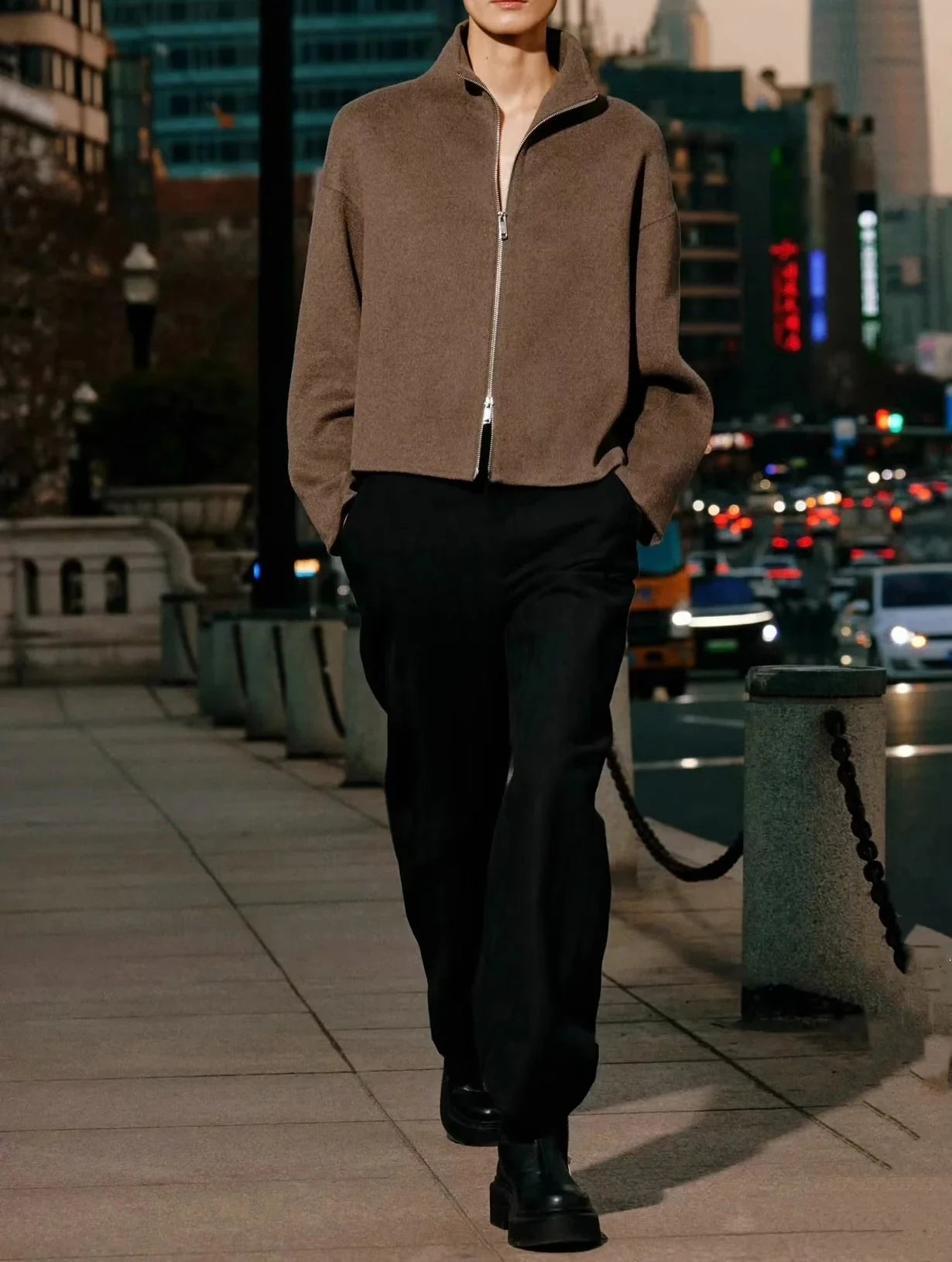 Spring New Casual Versatile Stand Collar Long Sve Double Zipper Jaet Outerwear Commute Sle Loose Fit Regular Length