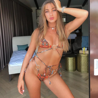 2025 New Sexy Low Bikini Set Swimwear Women Print Floral Brazilian Halter Backless Swimsuit Strappy Beachwear Dot biquini female
