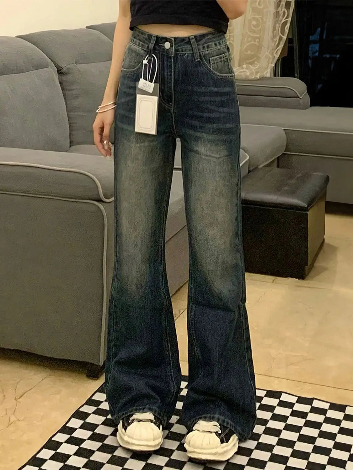 Fashion Flared Jeans Women American High Waist Slim Fit Wide Leg Bootcut Pants Loose Non Clingy Stretchy Versatile Denim