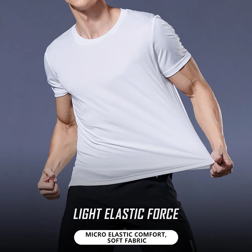 Schnelltrocknendes, kurzärmeliges Herren-Trainingsshirt mit Rundhalsausschnitt, feuchtigkeitsableitend, ideal für Fitnessstudio, Sport und Fitness. Leichtes Material.