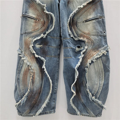 DEAT 2025 Autumn New Fashion Patchwork Burrs Cargo Denim Pants For Women High Waist Loose Wide-leg Jeans Female Trendy 11A06257