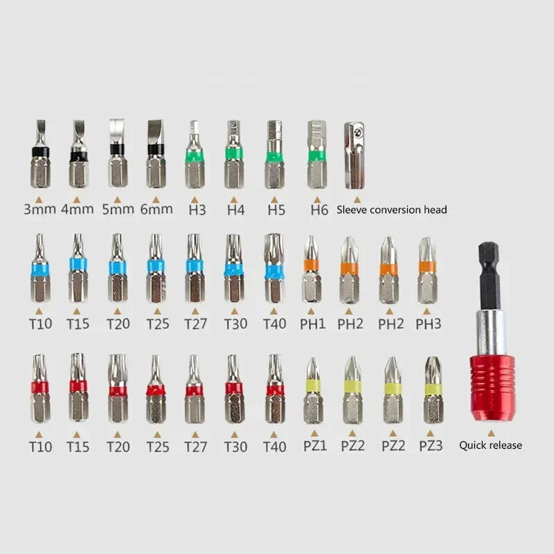 32pcs Screwdriver Bits Set - Hex/Torx/PH/H/SL Head with Quick Release Connector for Workshop Repairing Manual Tools