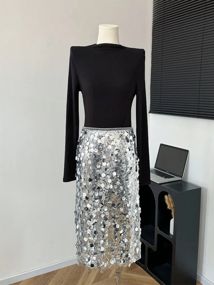 High Quality Silvery Skirt Women High Waist Sequins Sparkly A-Line Skirt Luxury Korean Fashion Sexy Elegant Coquette Party Prom