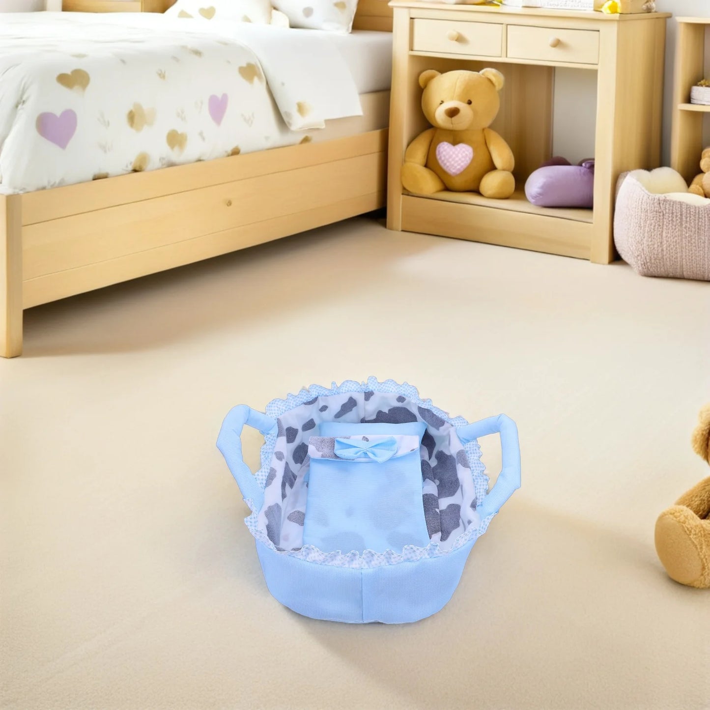 Baby Bassinet 35Cm Blue Handheld Cradle Carrier For Dollhouse Play Mini Crib Bed Reborn Accessories Kids Pretend