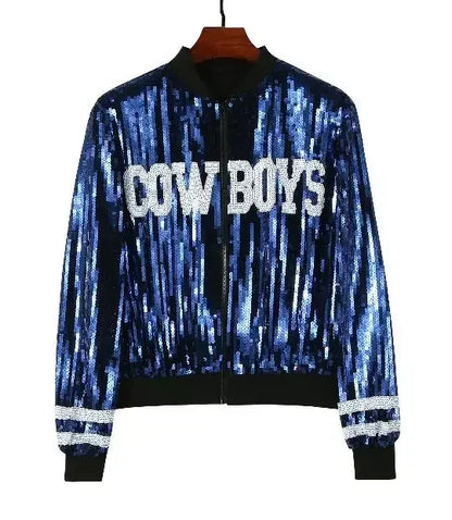 Autumn High Quality Letter Streetwear Sequined Long Sleeve Round Neck Loose Jacket Women Hip Hop Night Club Patchwork Coats