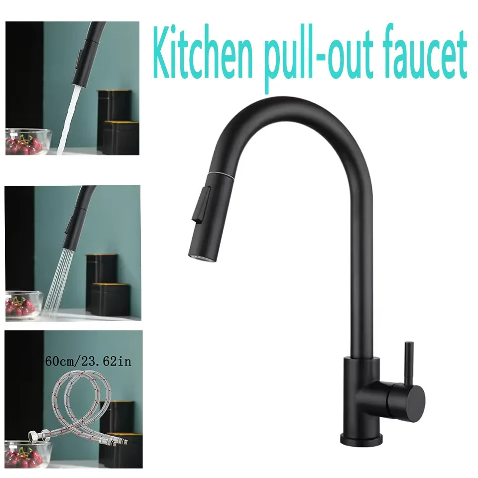 Kitchen Faucet Flexible Pull Out 2 Modes Nozzle Hot Cold Water Mixer Tap Deck Mounted Sprayer and Stream SUS 304 Faucets