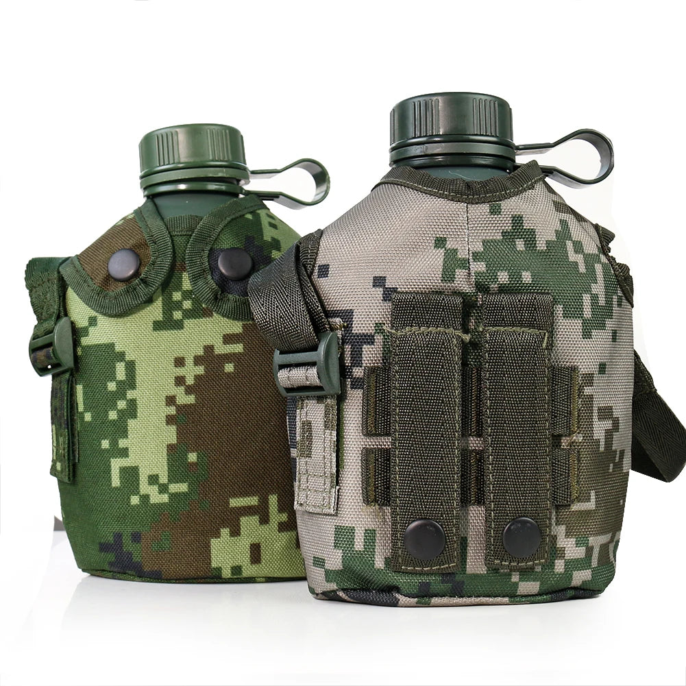 1L Camouflage Military Water Bottle Outdoor Sports Picnic Kettle Portable Canteen with Shoulder Strap Aluminum Camping Pot Flask