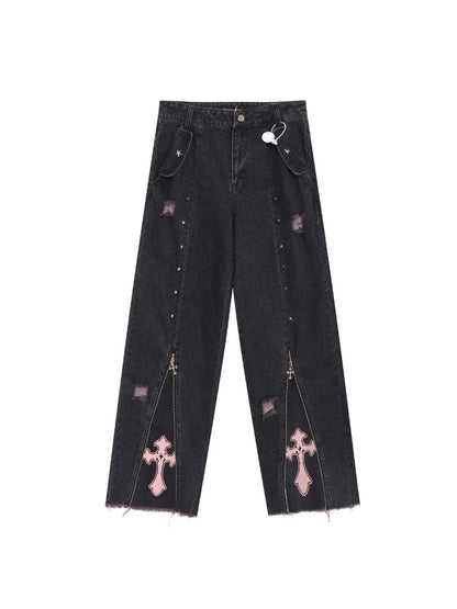 Women's Baggy Pants Punk Y2K Denim Jeans High Street Patchwork Vintage Design Rocker Straight High Waist Printed Patch Raw Edges
