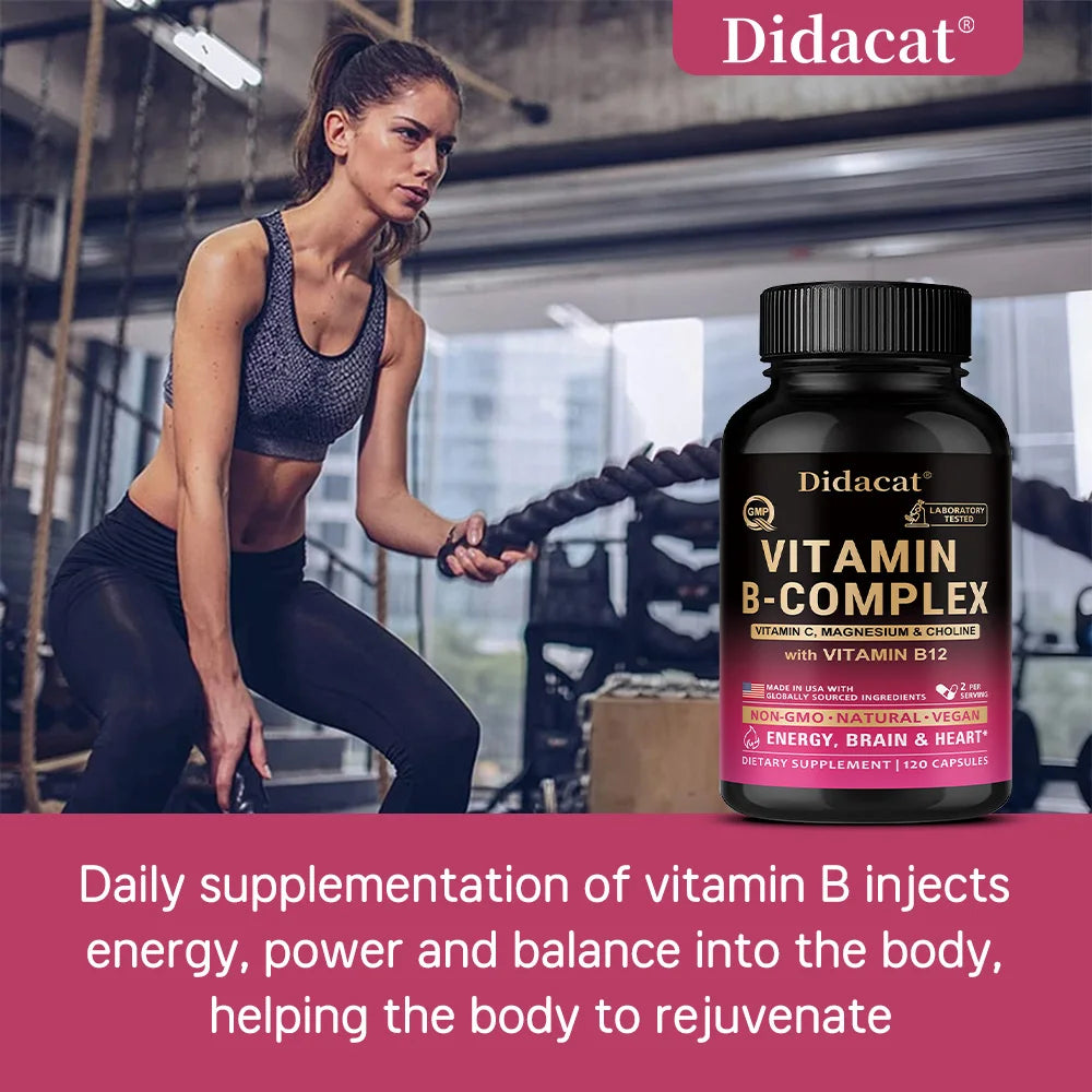 Vitamin B Complex for Men & Women - Riboflavin B2,B12,B1,B3,B5,B6,B7,B8,B9,Vitamin C, Choline, Inositol - Brain & Heart Support