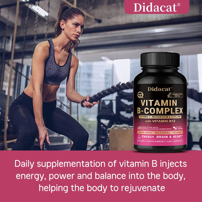 Vitamin B Complex for Men & Women - Riboflavin B2,B12,B1,B3,B5,B6,B7,B8,B9,Vitamin C, Choline, Inositol - Brain & Heart Support