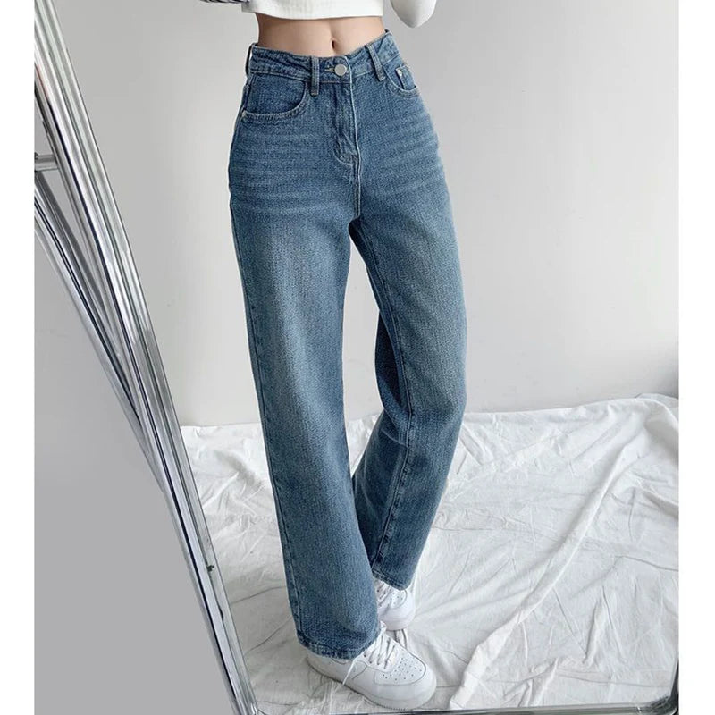 2025 Women Baggy High Waisted Jeans Pants Girls Straight Leg Casual Denim Pants Lady Fashion Dark Blue Jeans Trousers