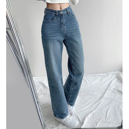 2025 Women Baggy High Waisted Jeans Pants Girls Straight Leg Casual Denim Pants Lady Fashion Dark Blue Jeans Trousers
