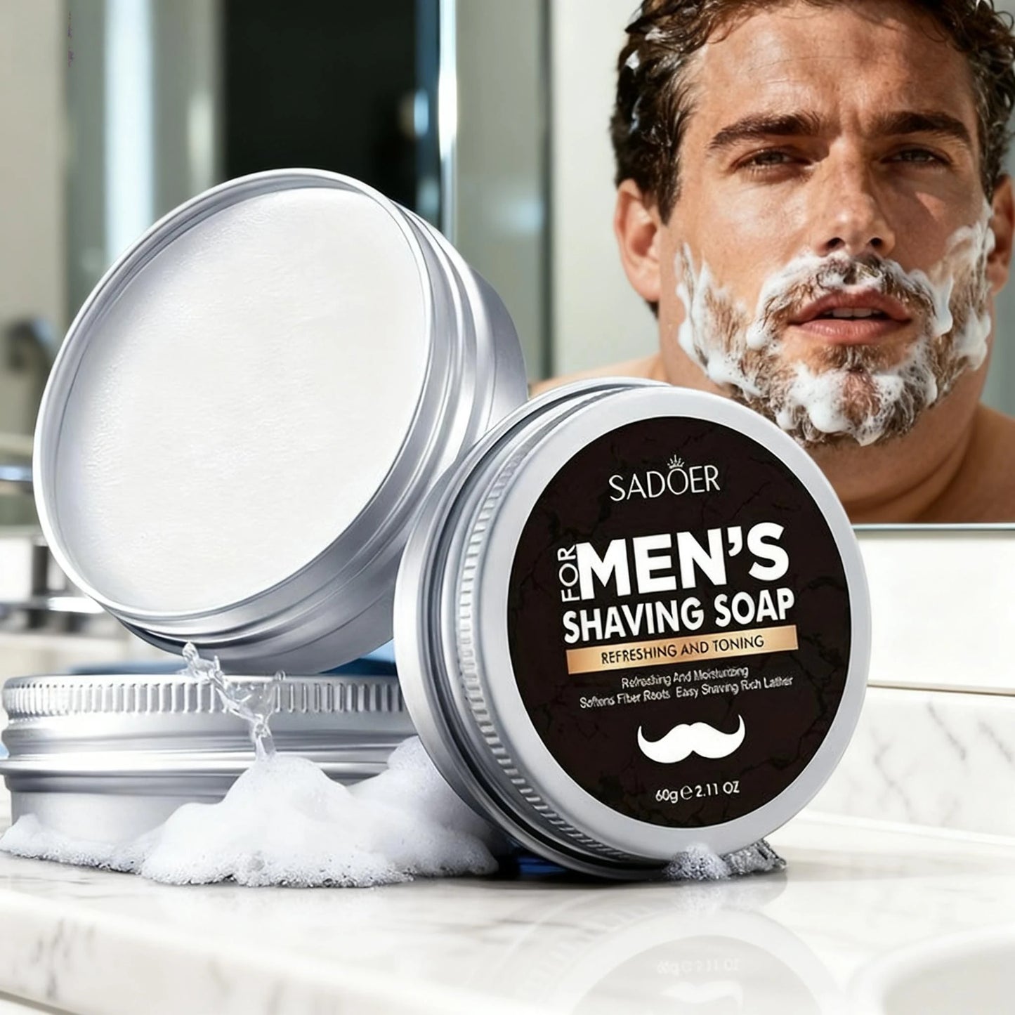 60g Men's Shaving Soap Contains Mint Extract, Olive Fruit Oil, Tocopherol, and Other Ingredients, Does Not Harm the Skin, Softens the Beard for a Smooth Shave, Has Thick and Fine Foam, Easily Softens the Beard, Making Shaving