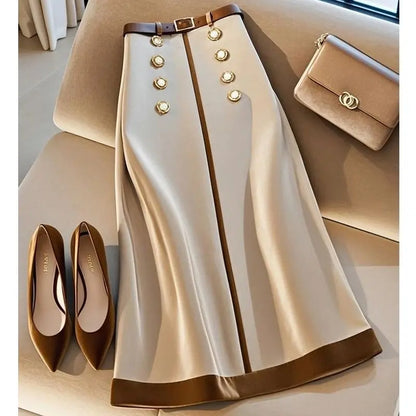 Autumn New Elegant Party Patchwork Skirts Fashion Women High Waist Beaded Double-breasted Skirt Office Lady Jupe With Belt 528P