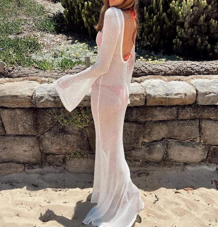 Kintted Beach Cover Up Women Sexy Long Bikini Dress Beachwear Crochet Backless Long Sleeve Hollow Beachdress Female Swimsuit