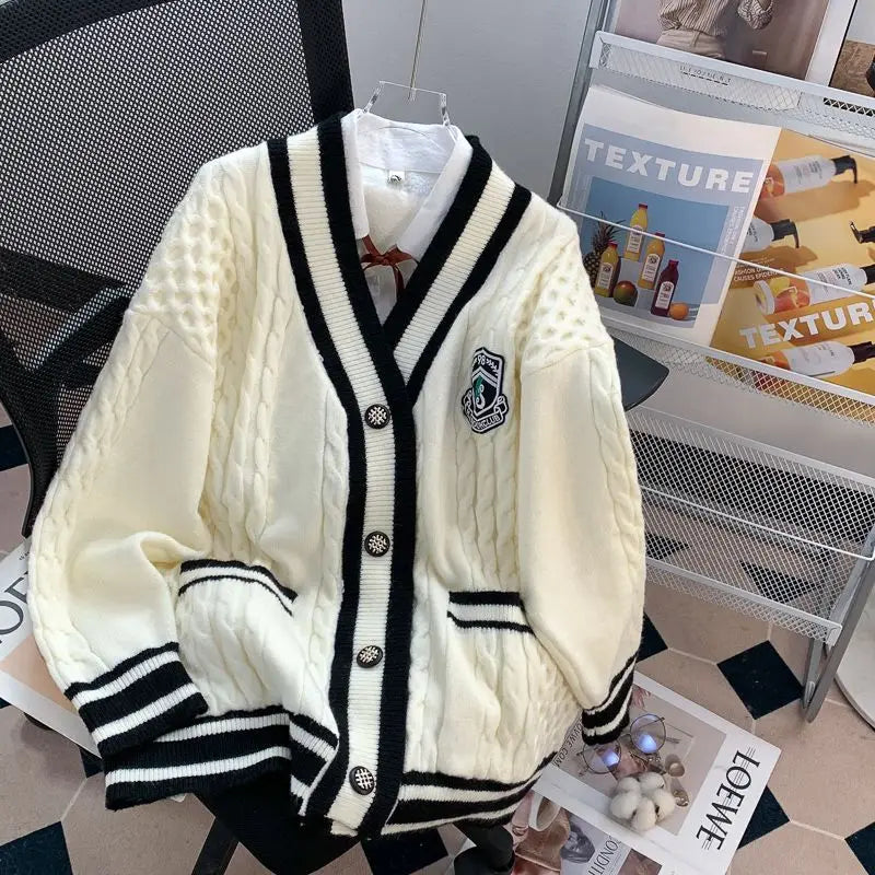 College Style V-neck Cardigan Sweater Jacket New Style Women's Autumn and Winter Wear Loose and Lazy Outer Knitted Top