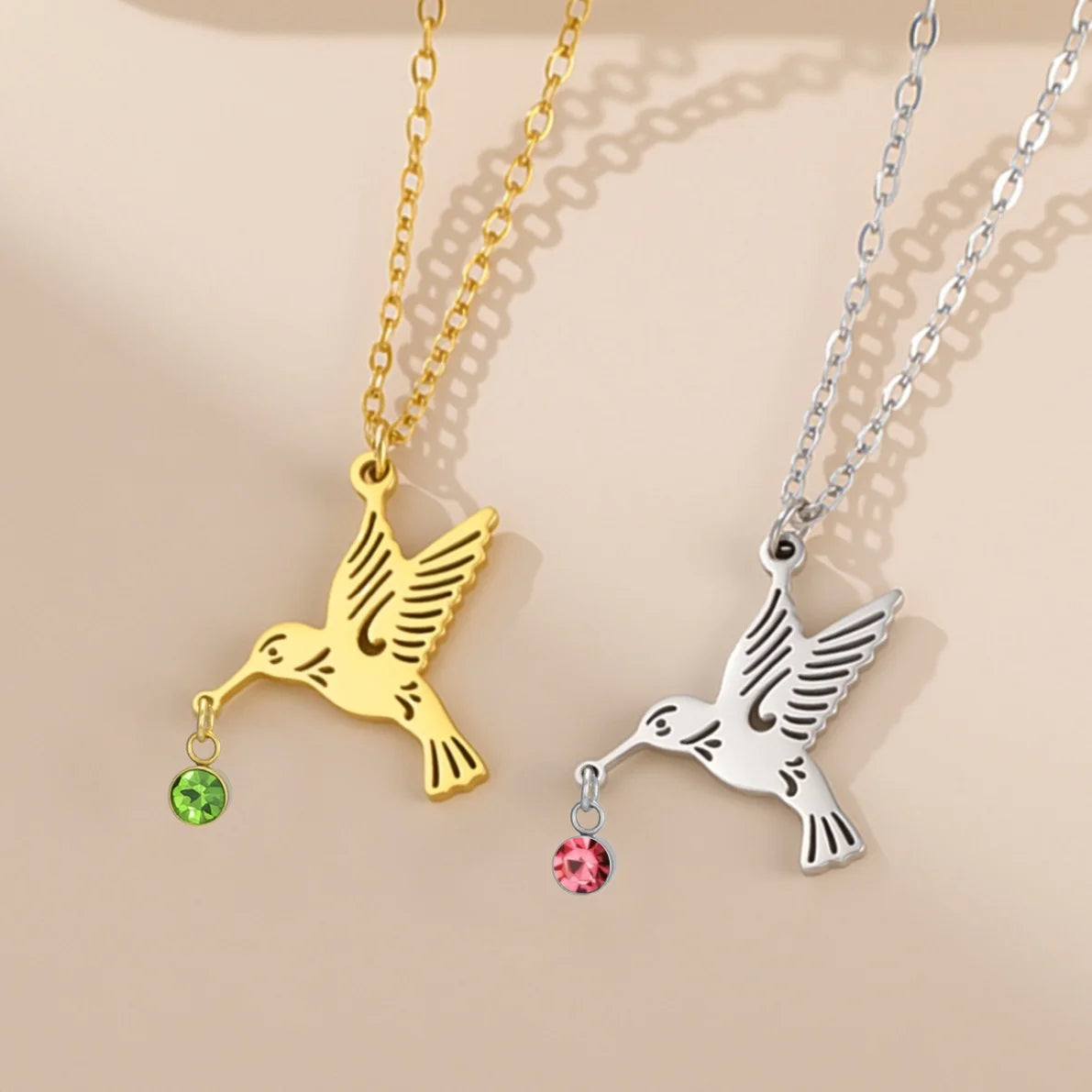 Tiny Birthstone Hummingbird Necklace Birthstone Bird Necklace Stainless Steel Necklace Hummingbird Necklace Bird Jewelry