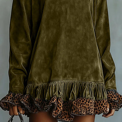 Vintage Fashion Patchwork Leopard Ruffle Dress Woman Casual Turtleneck Slim Mini Dress Autumn Long Sleeve Female Pullovers Dress
