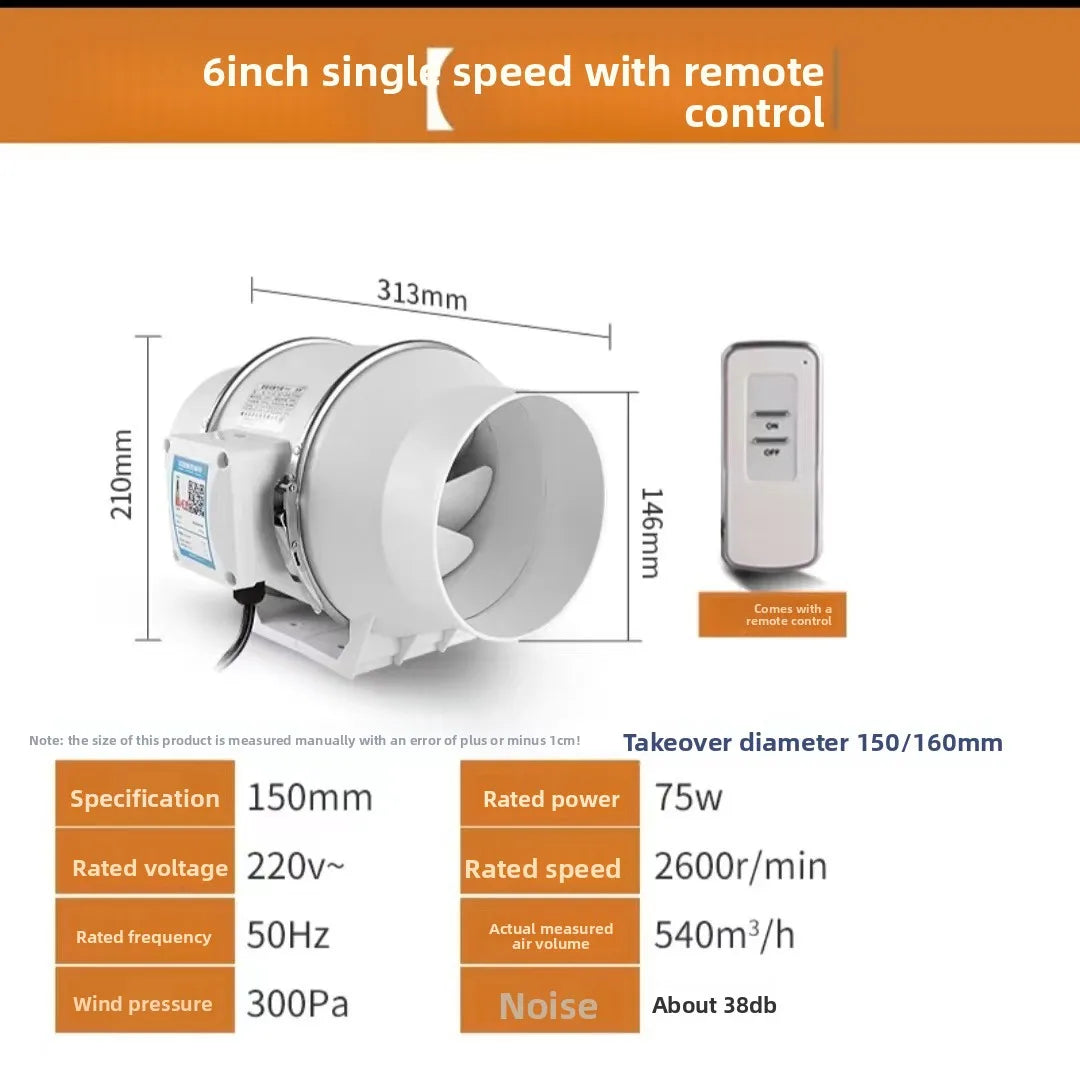 4/5/6 Inch Remote Control Exhaust Fan Silent Inline Pipe Duct Fan Extractor Air Ventilation Blower Kitchen Toilet Wall Booster