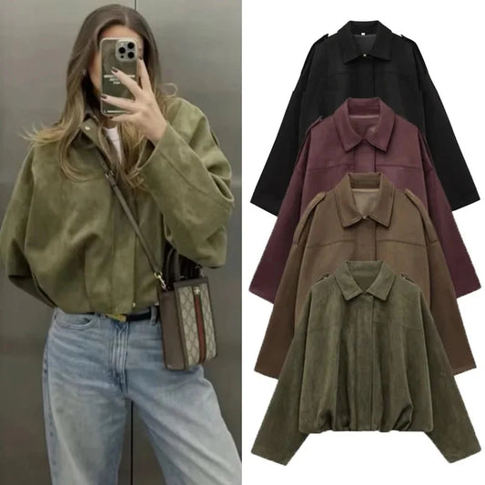 PRINTKAOIR Women's Bomber Jacket Lapel Long Sleeve Zipper Suede Jacket Women High Street Cropped Racing Jackets Coats Outerwears