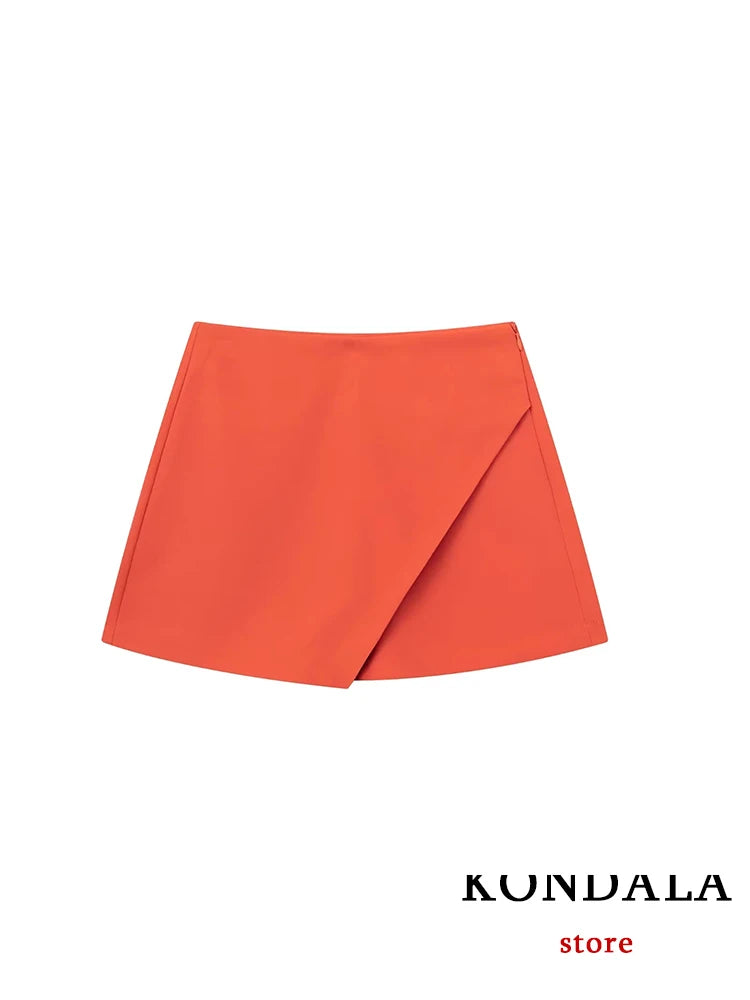 KONDALA Women Fashion 2025 Casual Mini Asymmetrical Skirts Shorts High Waist Back Pockets Wide Leg Skirts Zipper Female Shorts