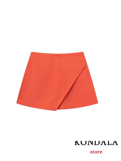 KONDALA Women Fashion 2025 Casual Mini Asymmetrical Skirts Shorts High Waist Back Pockets Wide Leg Skirts Zipper Female Shorts