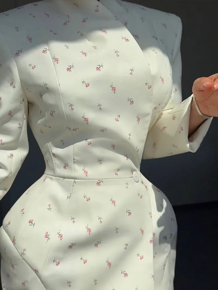 Elegant Floral Print Blazer Outerwear With Belt Women's Casual Lapel Long-Sleeve Shoulder Pads Jacket Loose Fit Outfit For Woman
