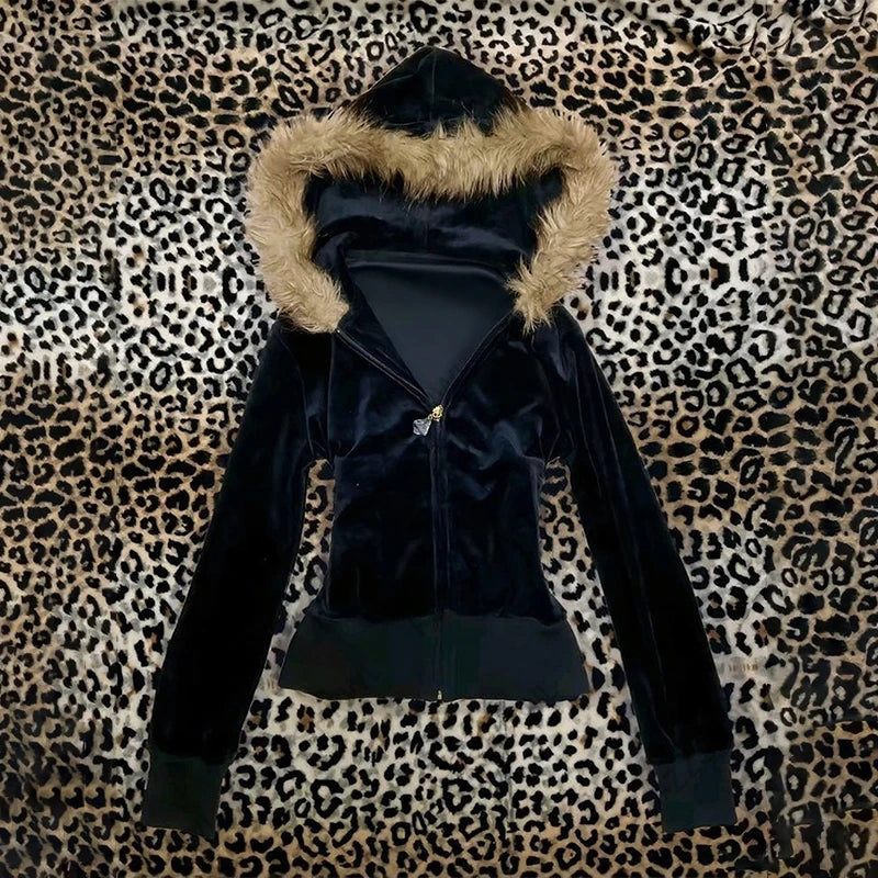 Women's Black Fur Collar Zipper Sweatshirt Autumn Winter Hoodless Long Sleeve Sexy Girl Slim Fit Coat Winter Clothing Streetwear