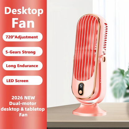 Portable Desktop Fan, Large Battery Dual Motor Home Small AirCooler, 5 Speed Air Cooling Fan 720° Surround Blower, Office