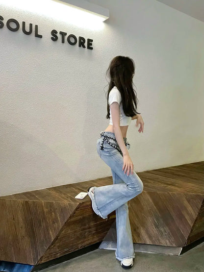 Blue Bell Bottom Flared Women's Jeans with Pockets Trousers Low Rise Waist Pants for Woman Flare Xxl Office Vibrant Loosefit Z R