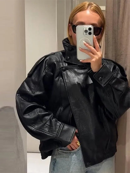 Fashion Leather Women's Jacket Y2k Street Single-breasted High Neck Female Coats 2026 Spring Black Pu Long Sleeve Lady Jackets
