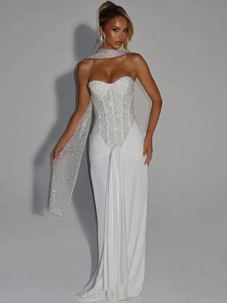 Mozision Sparkle Off-shoulder Sexy Maxi Dress Women Elegant Glitter Strapless Backless Sleeveless Draped Ruched Club Party Dress