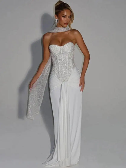 Mozision Sparkle Off-shoulder Sexy Maxi Dress Women Elegant Glitter Strapless Backless Sleeveless Draped Ruched Club Party Dress