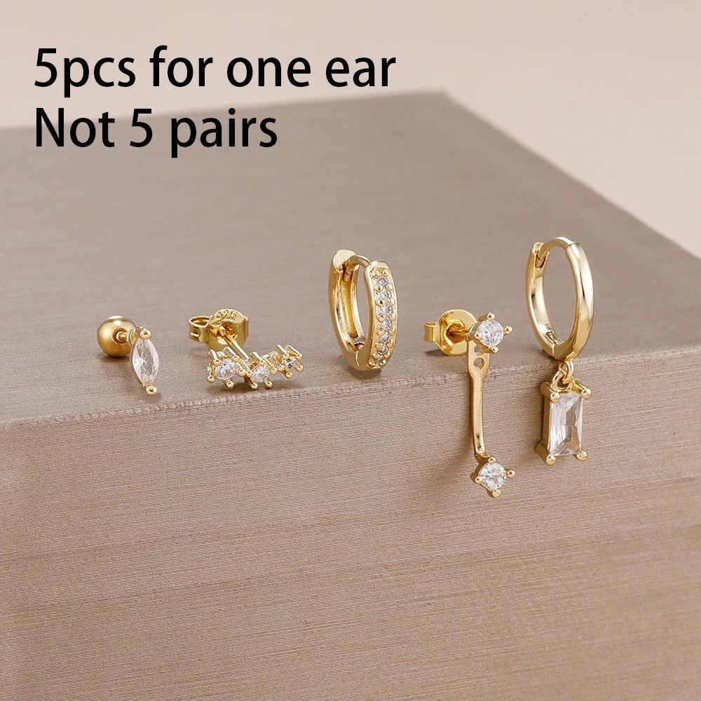 5PCS Stainless Steel Little Huggies Ear Stud Earrings Set For Women Tiny Crystal Zirconia Pendant Earrings Piercing Jewelry