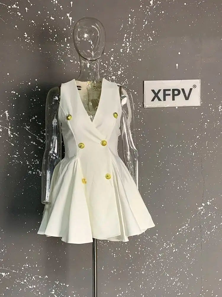 XFPV Women's Mini Dress New Elegant V-neck Sleeveless Button Zipper Folding Fashion Evening Party Clothing Female  22D1613
