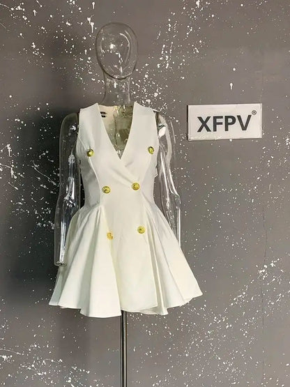 XFPV Women's Mini Dress New Elegant V-neck Sleeveless Button Zipper Folding Fashion Evening Party Clothing Female  22D1613