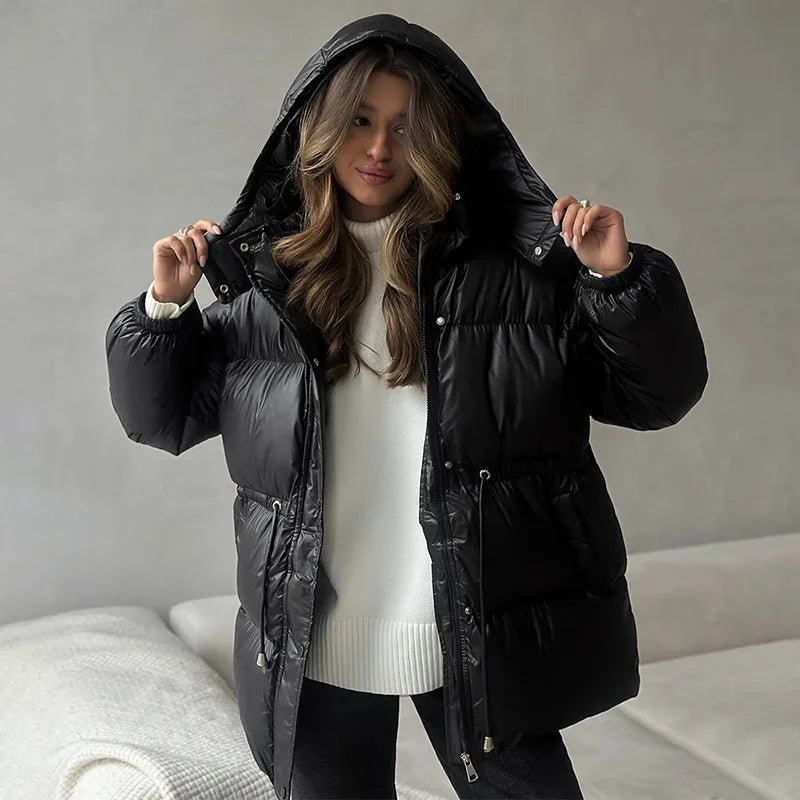 Winter Warm Hooded Cotton Jacket Women Fashion Standneck Zipper Long Sleeves Oversize Coats 2025 Female Chic Casual Outerwear