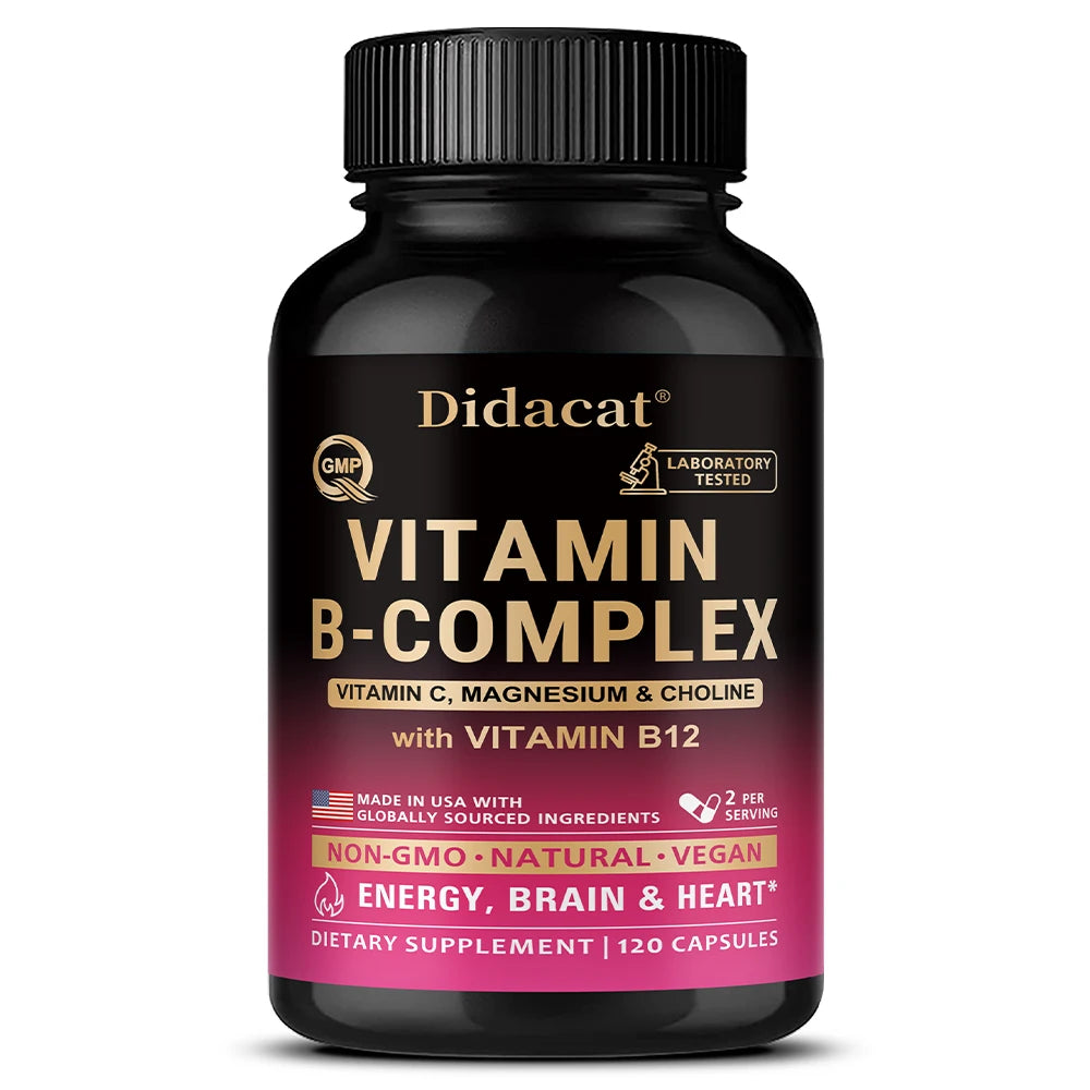 Vitamin B Complex for Men & Women - Riboflavin B2,B12,B1,B3,B5,B6,B7,B8,B9,Vitamin C, Choline, Inositol - Brain & Heart Support