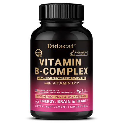 Vitamin B Complex for Men & Women - Riboflavin B2,B12,B1,B3,B5,B6,B7,B8,B9,Vitamin C, Choline, Inositol - Brain & Heart Support