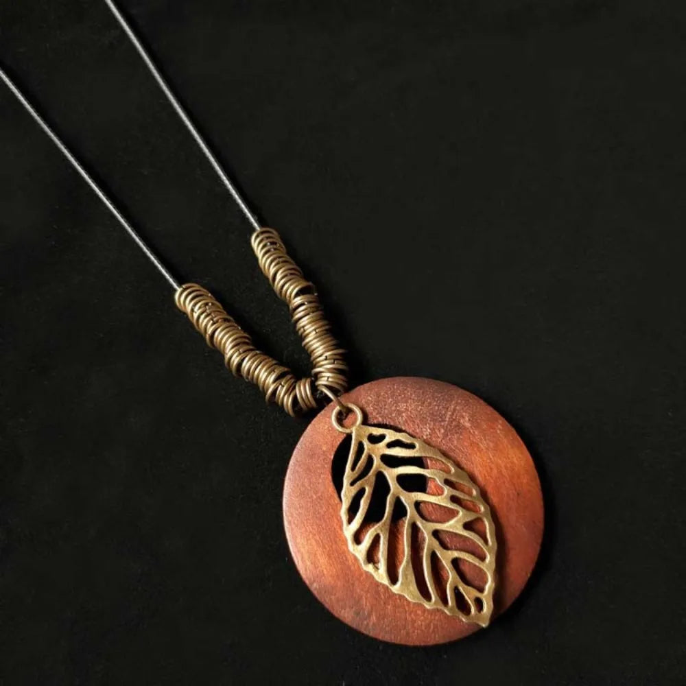 Retro Ethnic Round Wooden Leaf Owl Long Sweater Chain Necklace Women Vintage Clock Pendant Female Jewelry Neck Accessories Gifts