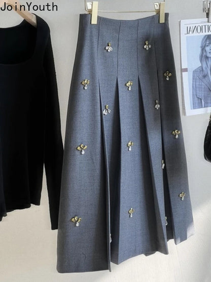 Skirts for Women 2025 Faldas Mujer De Moda High Waist A-line Jupe Heavy Diamond Temperament Skirt Vintage Tunic Korean Saia