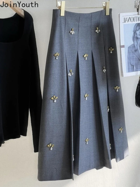 Skirts for Women 2025 Faldas Mujer De Moda High Waist A-line Jupe Heavy Diamond Temperament Skirt Vintage Tunic Korean Saia